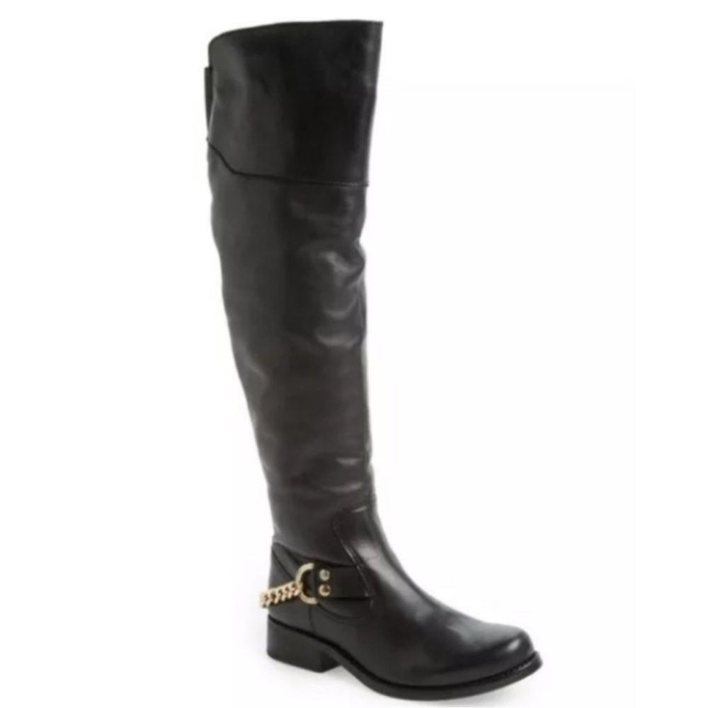 Steve Madden Black Leather Over the Knee Boots with Gold Chain